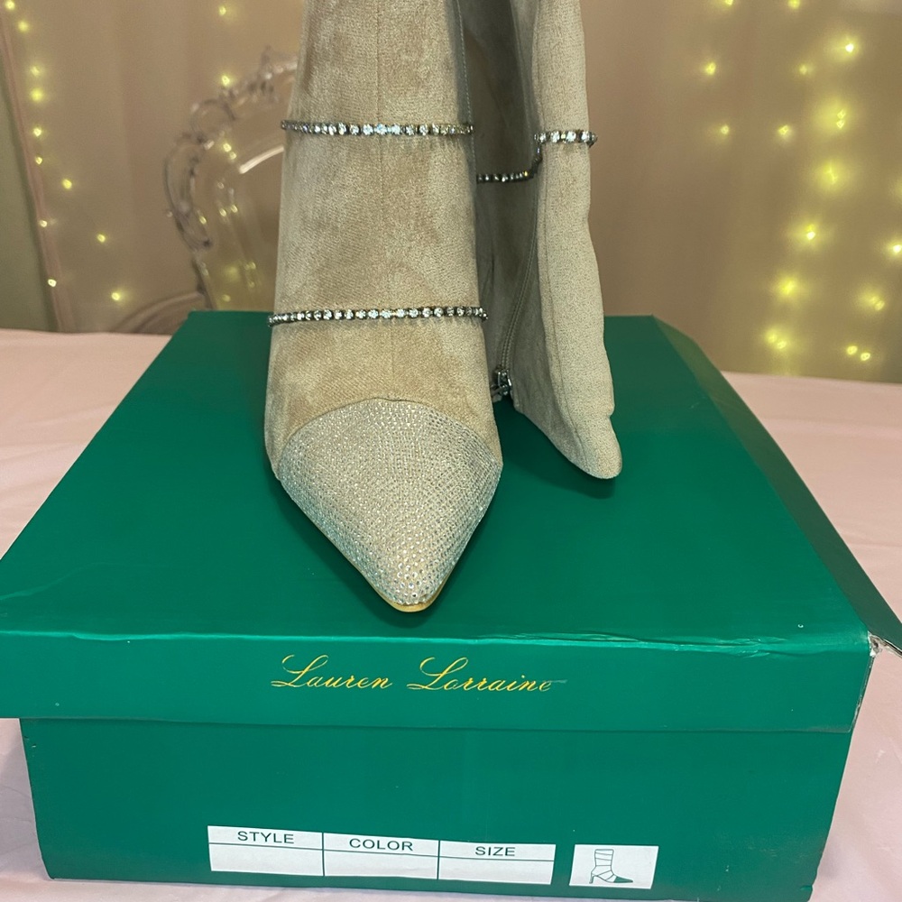 Lauren Lorraine Tan Rhinestone Heeled Boots